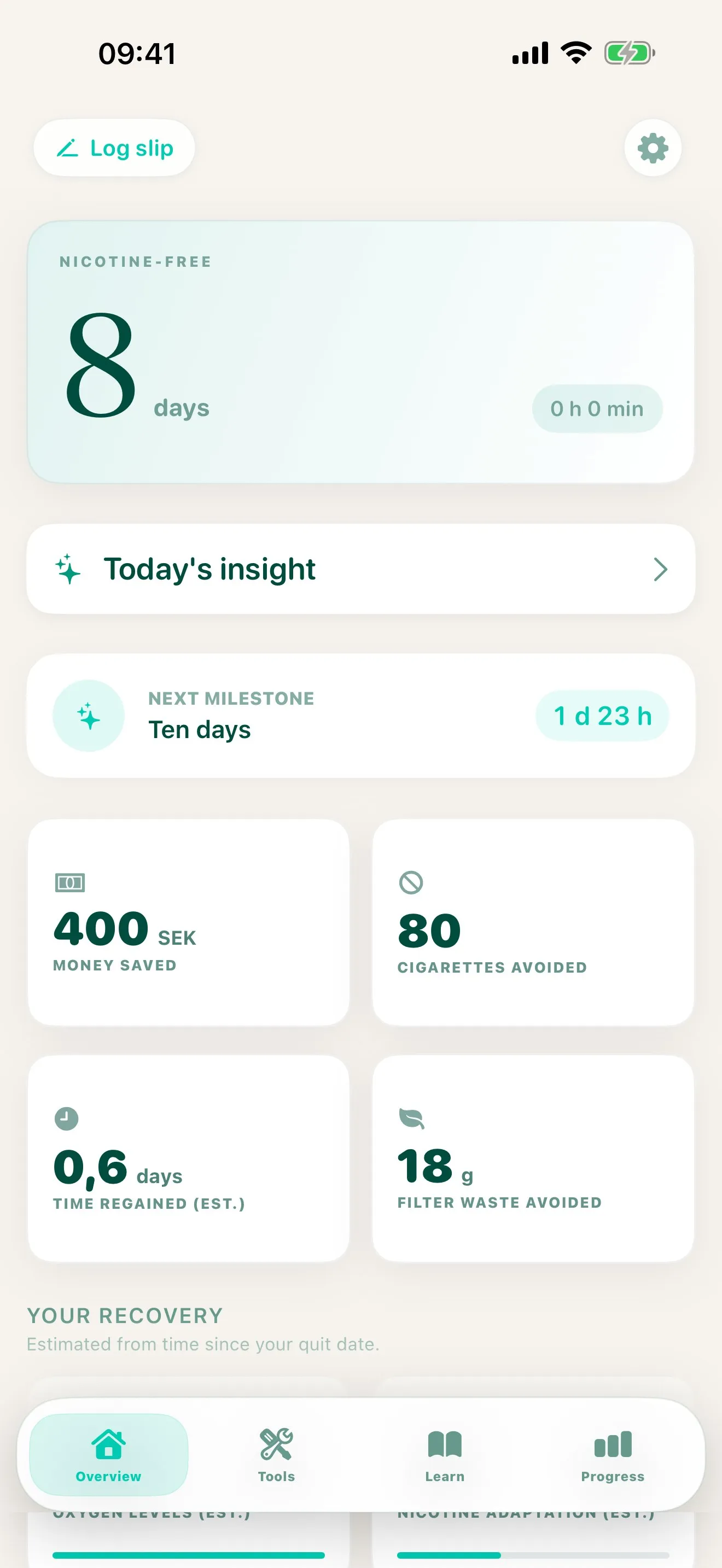 Vidari overview screen with a nicotine-free day count and next milestone