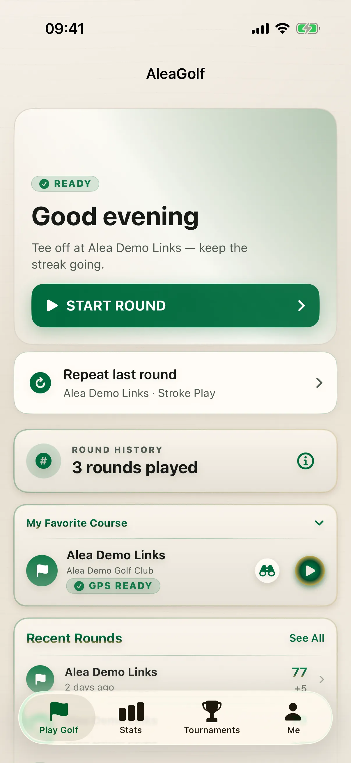 AleaGolf home screen with a round ready to start