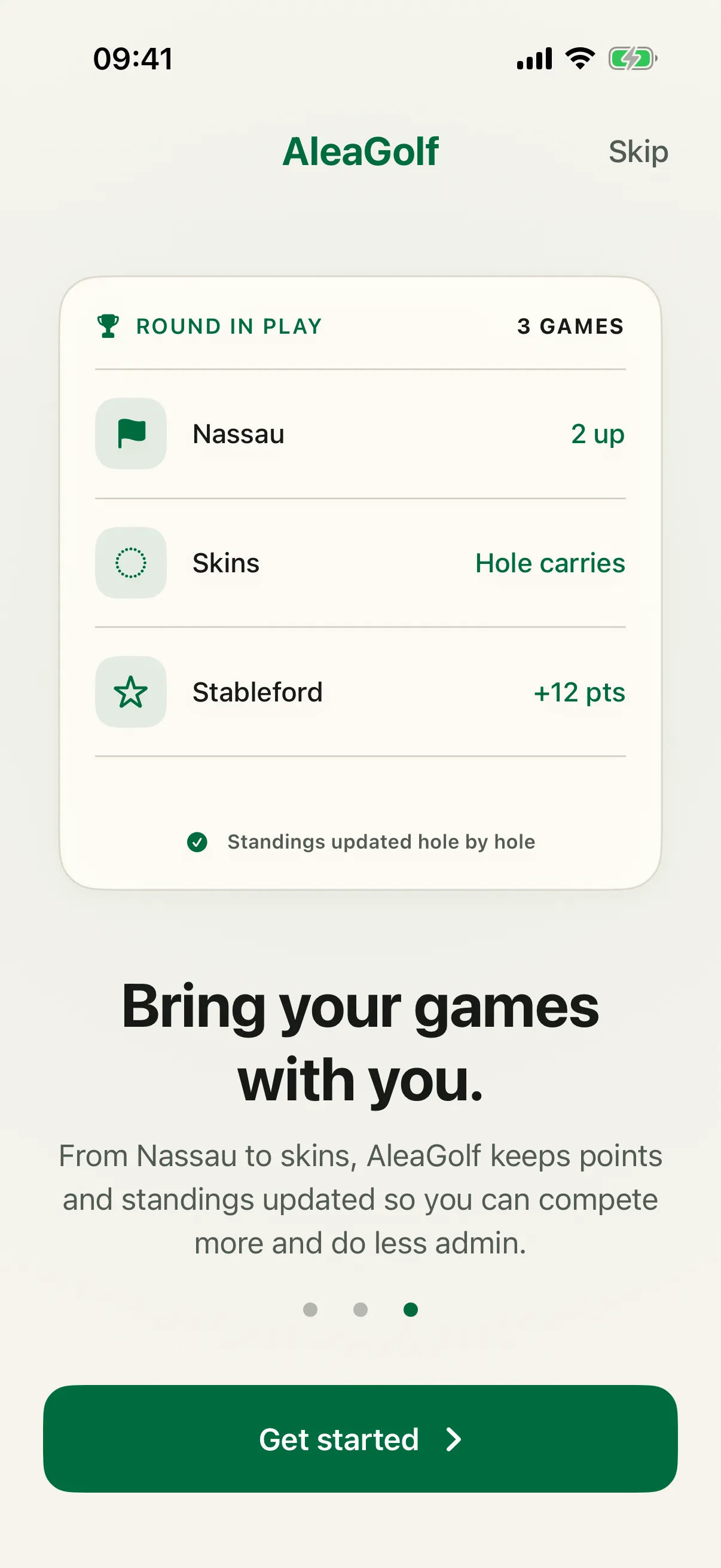 AleaGolf onboarding screen showing Nassau, Skins and Stableford standings